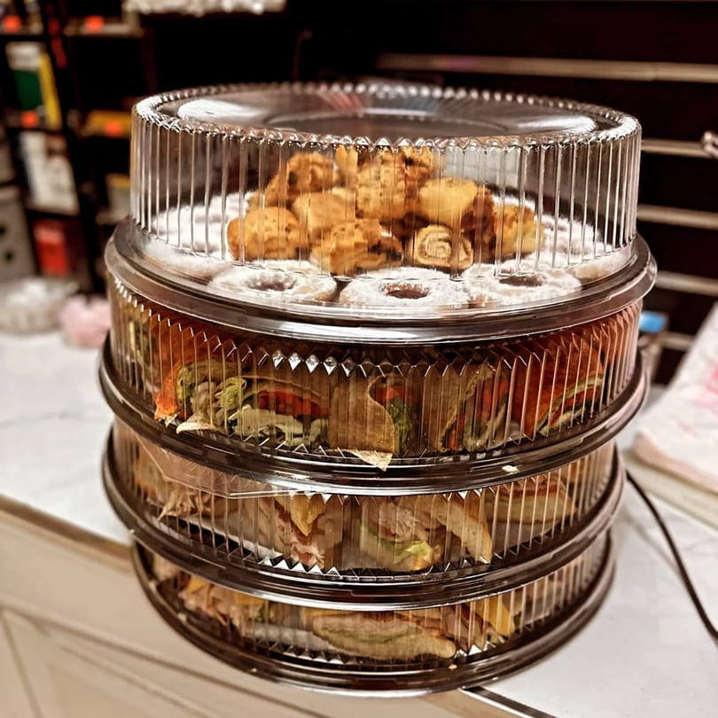 Stacked clear plastic containers filled with Italian deli pastries and pinwheel sandwiches.